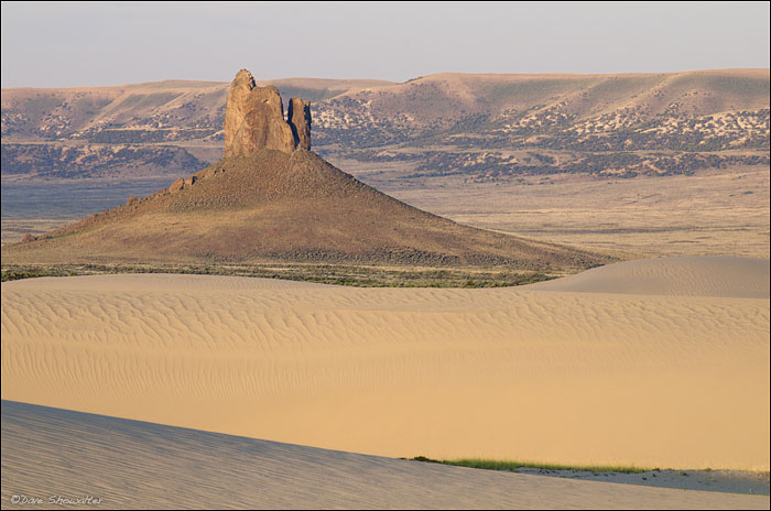 Golden morning light crosses the Killpecker Sand Dunes and lights the Boar's Tusk, an iconic feature in the American West.